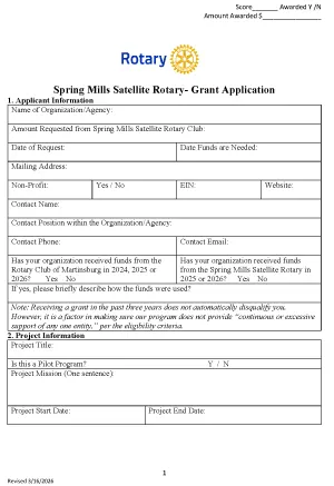 Spring Mills Satellite Rotary Grant Application